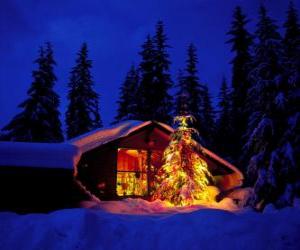 Puzzle Σπίτι με ένα διακοσμημένο μεγάλο χριστουγεννιάτικο δέντρο στον κήπο